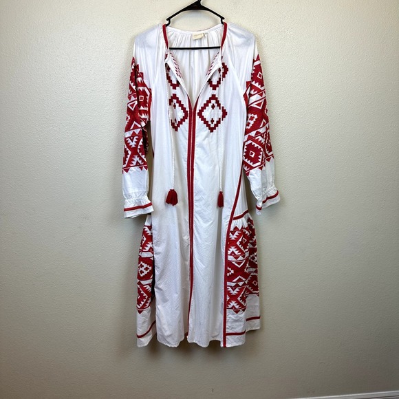 JULIA AMORY Sz Medium Miraflores Embroidered Bohemian Boho Dress Midi Red White - Picture 4 of 8